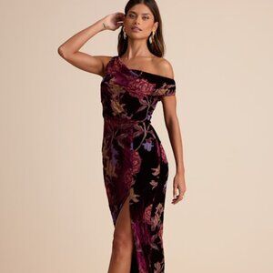 Lulus Marnella Burgundy Floral Velvet Burnout Asymmetrical Maxi Dress Red